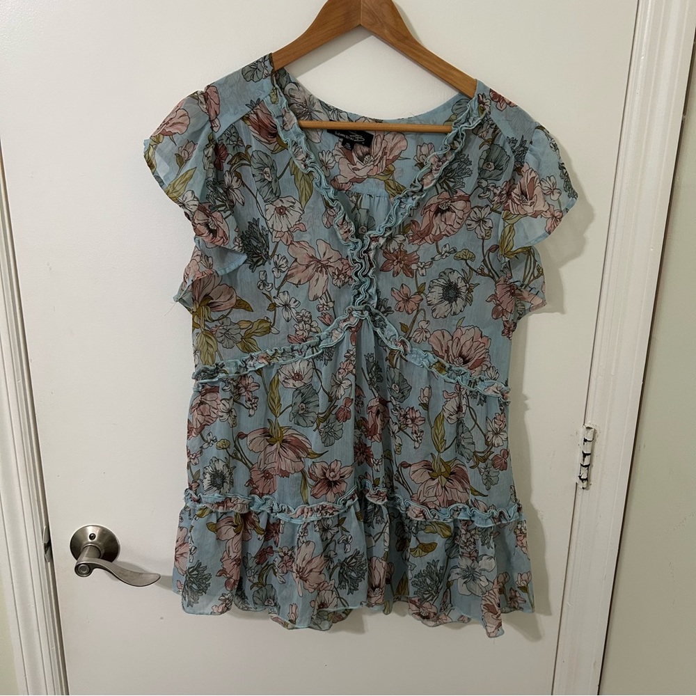 Suzanne Betro Floral Ruffle Blouse in Blue and Pink